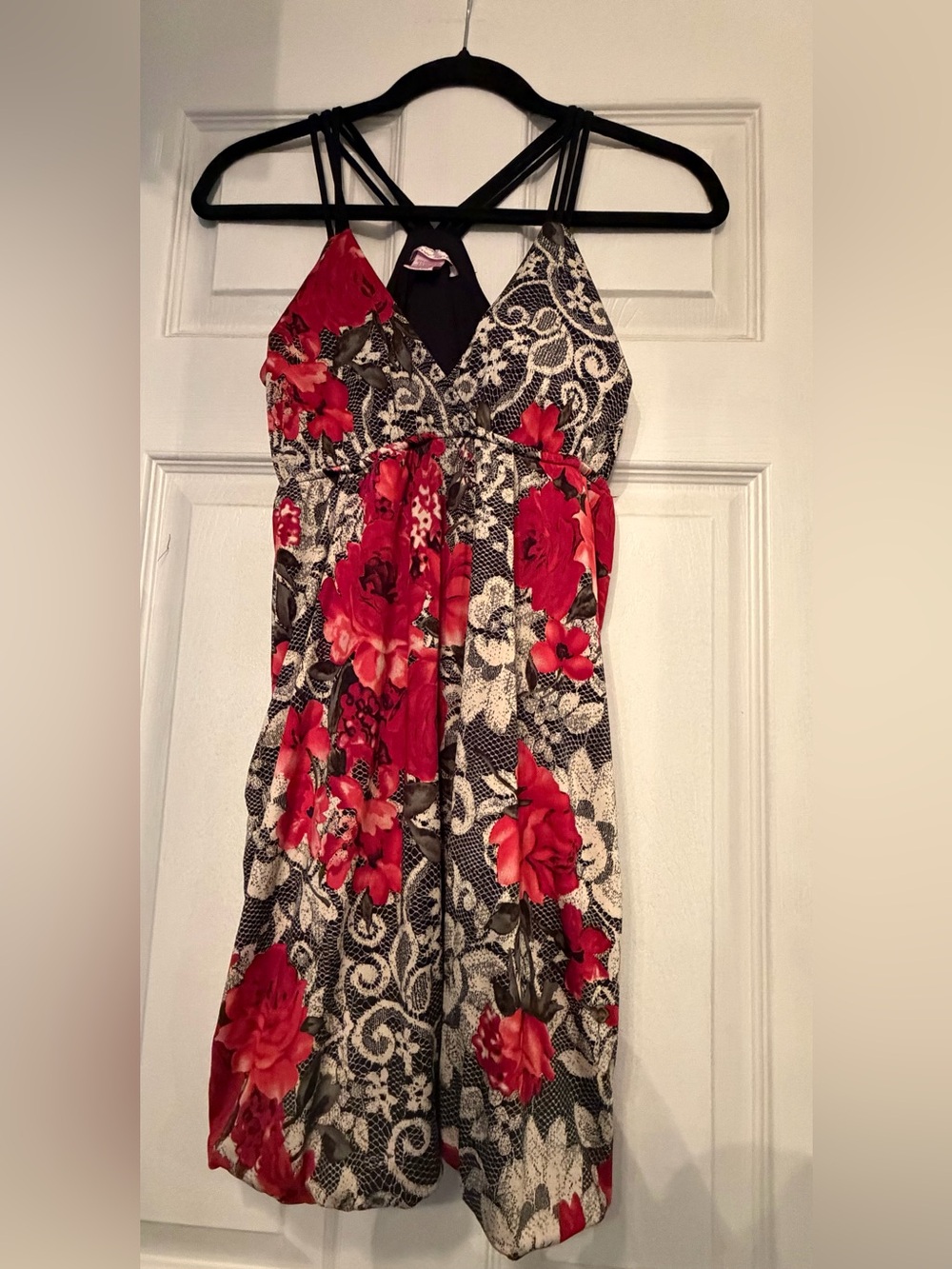 Wet Seal Red Floral Mini Dress with Black & Cream Lace Motif